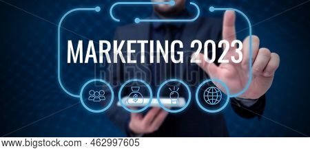 Hand Writing Sign Marketing 2023. Business Showcase Commercial Trends For 2023 New Year Promotional