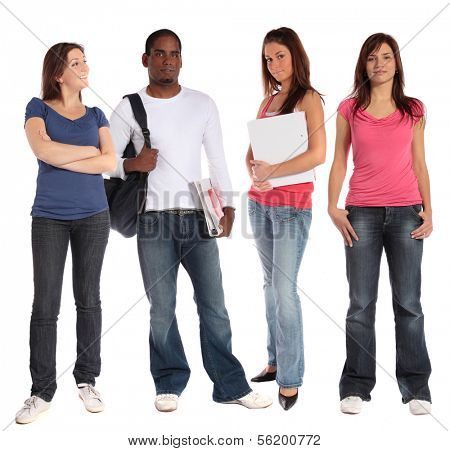 Group of four students standing next to each other. All isolated on white background.