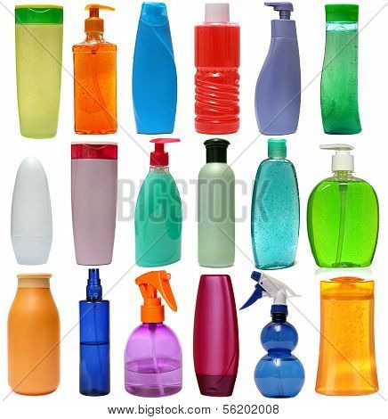 colored plastic bottles with liquid soap and shower gel.