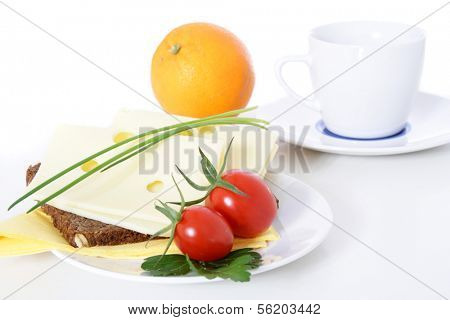 Fine served granary bread with cheese. All on white background.