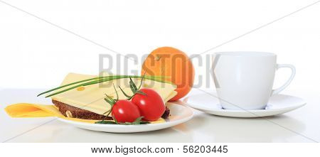 Fine served granary bread with cheese. All on white background.