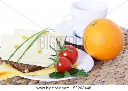 Fine served granary bread with cheese. All on white background.