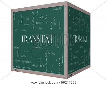 Trans Fat Word Cloud Concept On A 3D Cube Blackboard