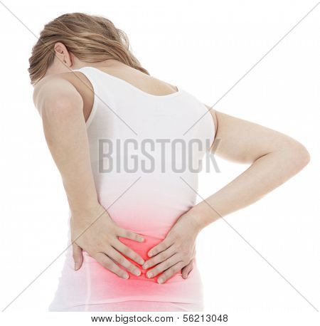 Attractive female person suffers from backache. All on white background.