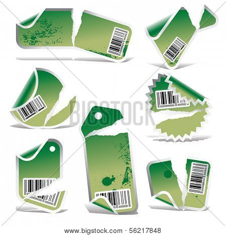 green ripped tag and sticker set with bar codes