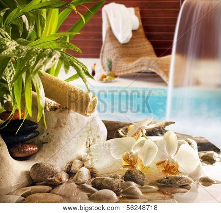 Spa still life with zen stones on pool
