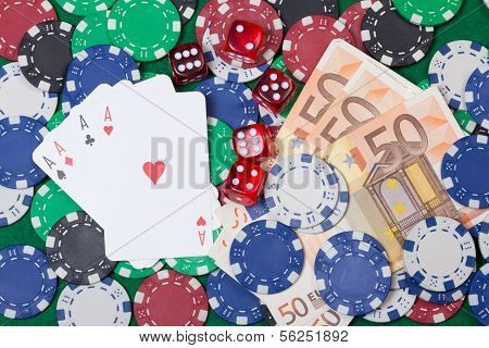 Four Aces, Money, Poker Chips And Dices