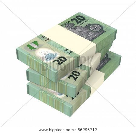 Nigerian nairas isolated on white background. Computer generated 3D photo rendering.