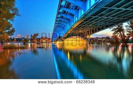 View from the steel bridge to Warsaw at dusk