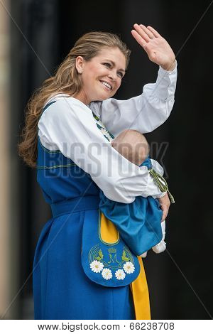 Princess Madeleine Of Sweden With Princess Leonore Waving To The Public After The Cermony Of Opening