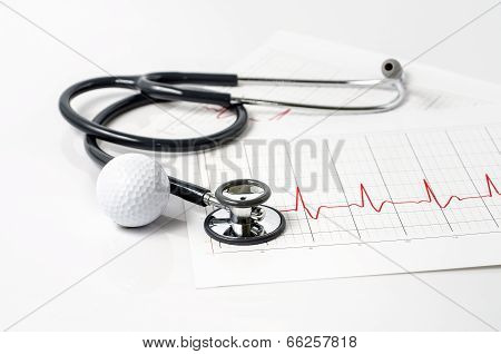 stethoscope and golf ball on white background