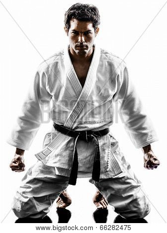 one judoka fighter man in silhouette on white background