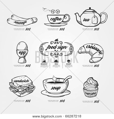 Menu Icons Doodle Drawn On Chalkboard Background .vector Vintage Style