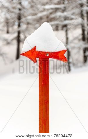 Red arrow signal with snow in forest