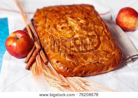 pie pastry with apple and cinnamon in a still life