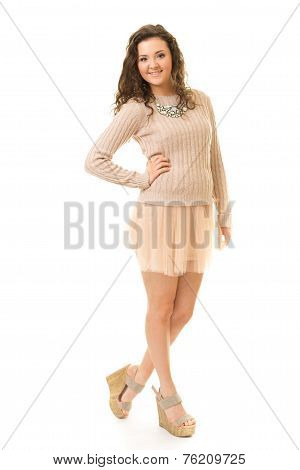 Curly Brunette In Pink Mini Skirt