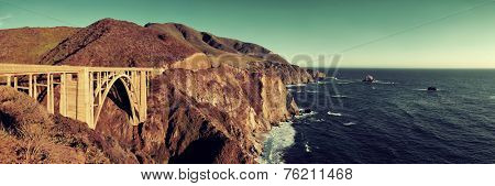 Bixby Bridge panorama as the famous landmark in Big Sur California.