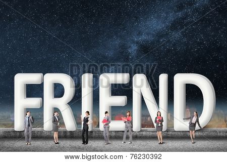 Concept of partner, friends,collaborate with group of business people stand with 3d text. 