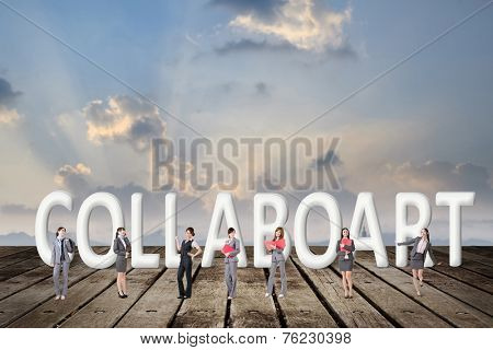 Concept of partner, friends,collaborate with group of business people stand with 3d text. 