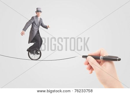 Businessman riding monocycle on a rope drawn by hand concept