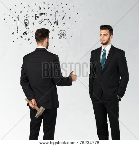 Ruthless businessman handshake with hiding a weapon and weapon symbols around his head