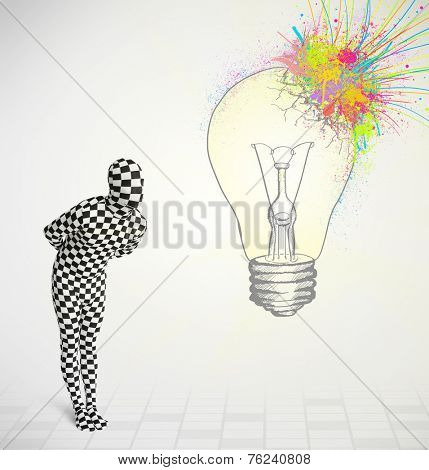 3d human character is body suit morphsuit looking at abstract colorful lightbulb