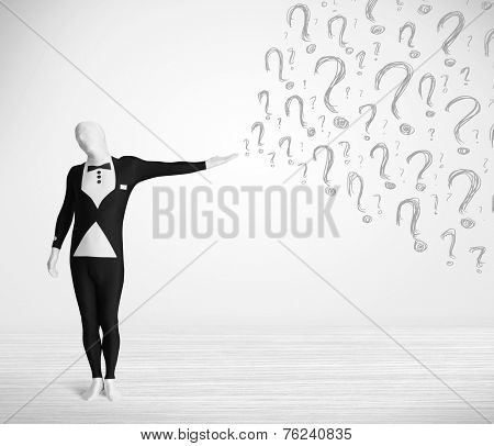 3d human character is body suit morphsuit looking at hand drawn question marks
