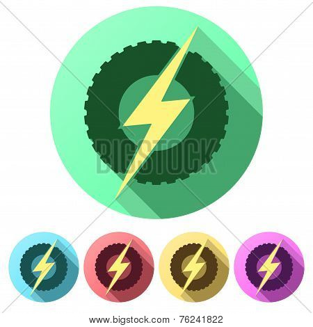 Set Flat icons of round wheel with lightning. Eco electric transport theme.