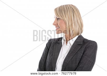 Blond isolated mature business woman looking sideways to text.