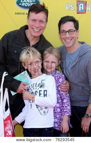 LOS ANGELES - NOV 16:  Don Roos, Jonah Bucatinsky, Eliza Bucatinsky, Dan Bucatinsky at the PS Arts Express Yourself Benefit at the Barker Hanger on November 16, 2014 in Santa Monica, CA