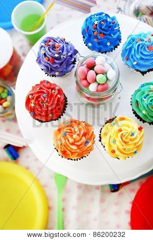 Prepared birthday table with sweets for children party