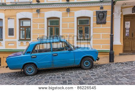 Old Blue Russian Car In Kiev