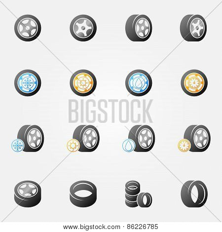 Tire and wheels vector icons set