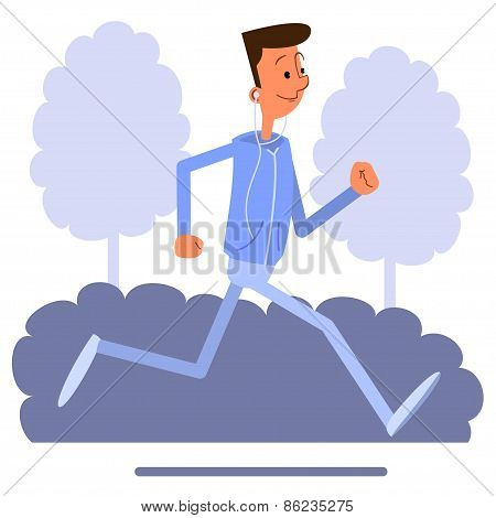 Cartoon young man jogging and listens to music