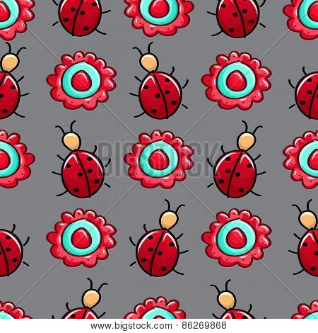 Seamless Colourful Pattern With Ladybugs And Flower