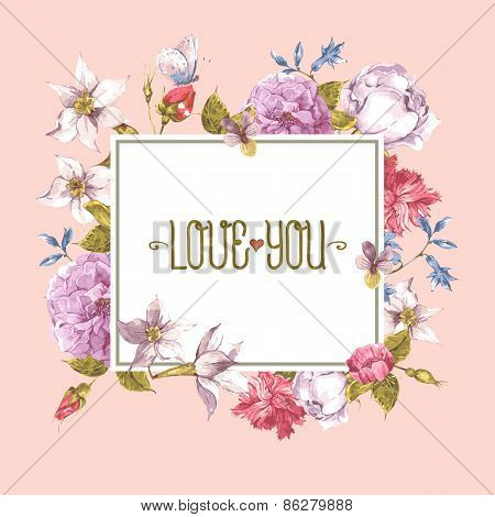 Watercolor Greeting Card with Blooming Flowers