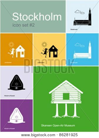 Landmarks of Stockholm. Set of color icons in Metro style. Editable vector illustration.