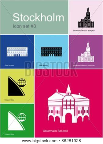 Landmarks of Stockholm. Set of color icons in Metro style. Editable vector illustration.