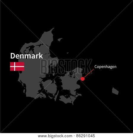 Detailed map of Denmark and capital city Copenhagen with flag on black background