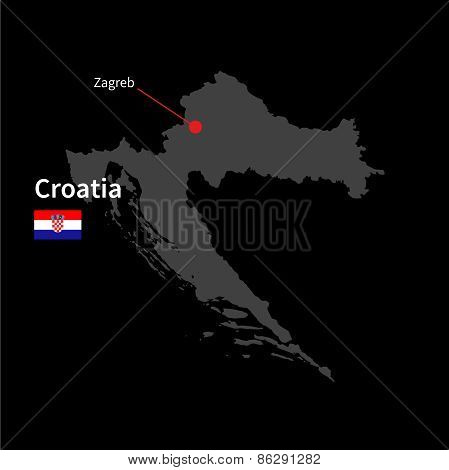 Detailed map of Croatia and capital city Zagreb with flag on black background