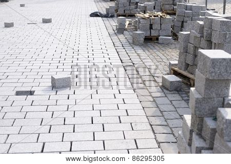 Pavement With Cobblestones Under Construction