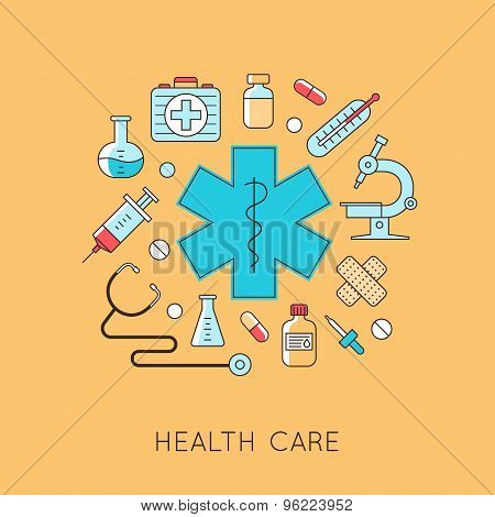 Medicine background with the heart, drugs, medical equipments.