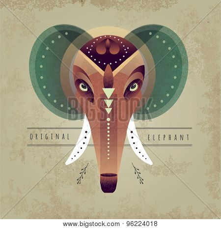 vector illustration of engraving elephant head . Mammoth.