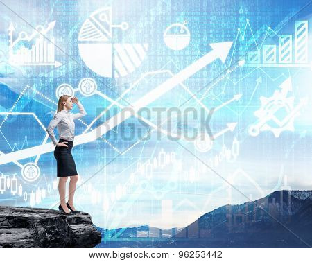 Full Length Beautiful Woman In Formal Clothes On The Rock Is Looking For The Solution. Financial Cha