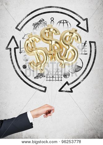A Hand Is Holding Air Balloons In A Form Of Golden Dollar Signs. Drawn Business Cycle On The Concret