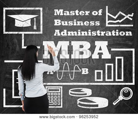 Business Woman Is Drawing A Flowchart About Mba Degree On The Black Chalk Board