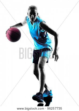 one  caucasian woman basketball player dribbling in silhouette isolated white background