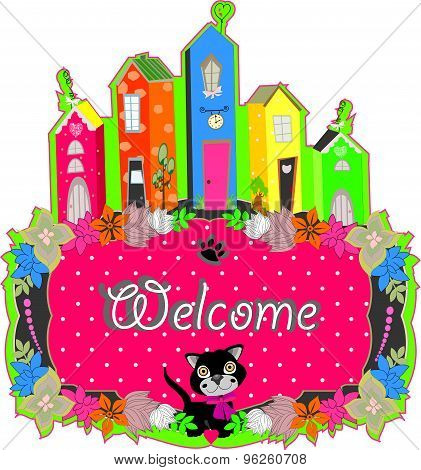 baby cat hold a welcome sign