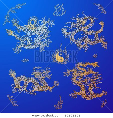 Vector background with asia dragons. Hand drawn illustration.