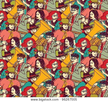 Musicians crowd seamless pattern color